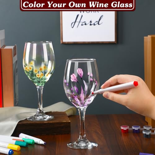 4 Sets Crafts Gift Paint Your Own Wine Glass 15 oz Painting 12 Pcs DIY Markers 12 Colors Acrylic Paint with Brushes to Design Your Own Personalized Craft (4 Count)