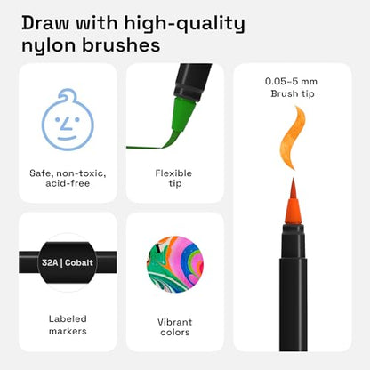 12 Watercolor Markers with Flexible Paint Brush Pens for Pros & Beginners (12 Count)