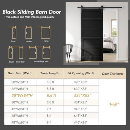 36x84 inch Black Barn Door with 6.6FT Hardware Kit