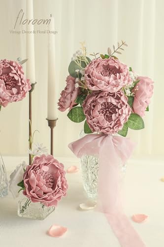 Artificial Flowers 16pcs 4" Dusty Rose Blooming Peonies Real Looking Foam Fake Peony with Stems for DIY Wedding Bouquets Bridal Shower Centerpieces Floral Arrangements Party Tables Decorations (16 Count)