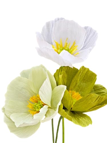 Sage Green White Crepe Paper Poppy Flower DIY Making Kit for Home Table Decor Gift Craft 24 pcs (24 Count)