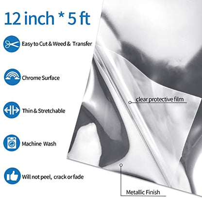 Silver Metallic Foil Heat Transfer Vinyl 12" x5ft Silver HTV Vinyl Roll Chrome Iron on Vinyl Easy to Cut & Weed DIY Heat Press Design for T