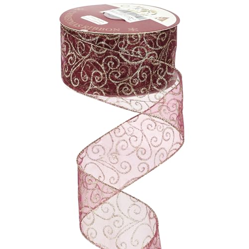 Red Gold Swirl Wired Ribbon 2.5 Inch Dark Red Sheer Ribbon with Gold Swirl Glitter Wired Organza Ribbons 25 Yards Burgundy Sheer Christmas Ribbons for Christmas Tree (75 Foot)