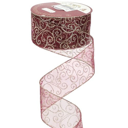 Red Gold Swirl Wired Ribbon 2.5 Inch Dark Red Sheer Ribbon with Gold Swirl Glitter Wired Organza Ribbons 25 Yards Burgundy Sheer Christmas Ribbons for Christmas Tree (75 Foot)