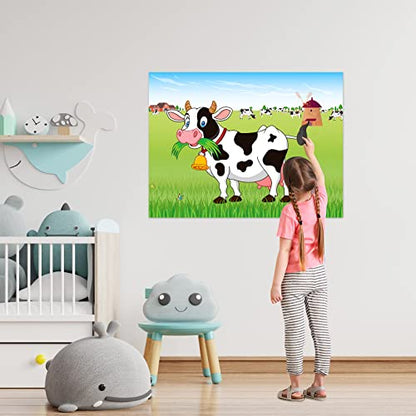 Pin The Tail on The Cow Game with 30 Tail Stickers for Farm Birthday Supplies Pin Game