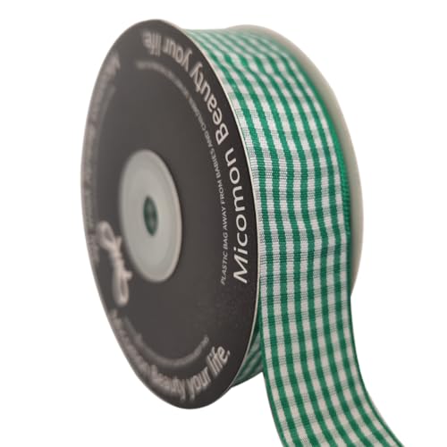 Green and White Woven Edge Plaid Ribbon 100% Polyester Gingham Ribbon 25 Yards Each Roll (75 Foot)