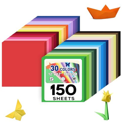 12" X 12" Colored Cardstock Bulk 150 Assorted Sheets in 30 Colors Construction Paper Card Stock Printer Paper for DIY Crafts