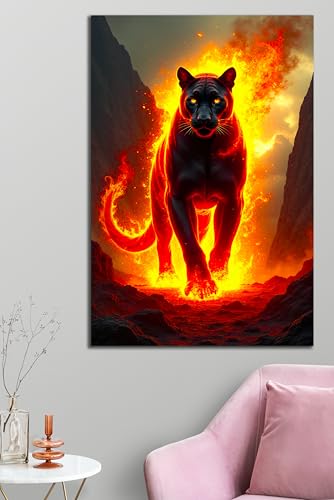 Fiery Black Panther Glass Wall Art Painting for Living Room