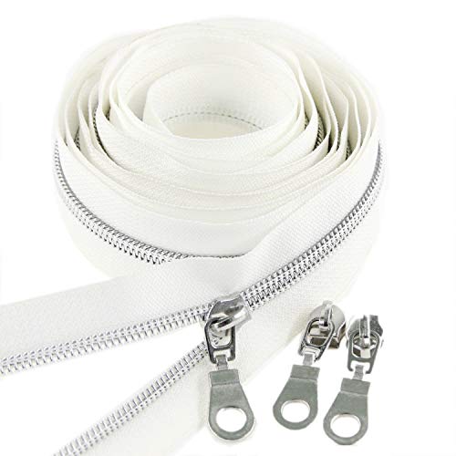 5 Silver Metallic Nylon Coil Zippers by The Yard Bulk 10 Yards White Tape with 25pcs Silver Sliders for DIY Sewing Tailor Craft Bag