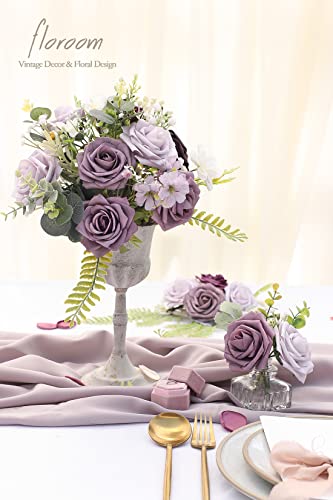 Artificial Flowers 25pcs Real Looking Plum Ombre Colors Foam Fake Roses with Stems for DIY Wedding Bouquets Bridal Shower Floral Centerpieces Party Tables Home Decorations (25 Count)