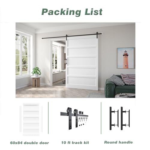60x84 inch White Barn Door with 10FT Sliding Door Hardware Kit Included & Handle
