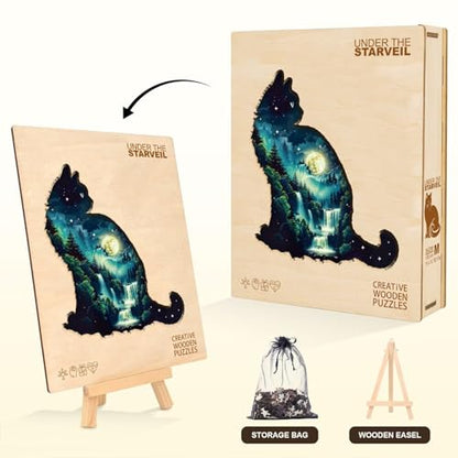 Cat Puzzles for Adults 200 Pieces Forest Waterfall Adult Puzzles Gifts for Women Men Cat Lovers Wooden Unique Shaped Animal Jigsaw Puzzles Birthday Holliday (120 Count)