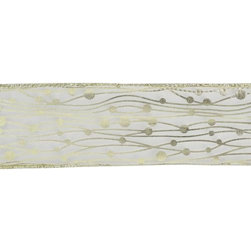 Gold Wired Ribbon 2.5 Inch Sheer Wired Christmas Ribbon with Horizontal Stripes and Polka Dots Christmas Ribbons Organza Wire 25 Yards Organza Sheer Ribbons for Gift Wrapping (75 Foot)