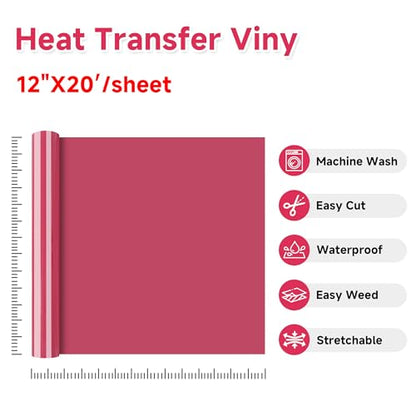 RENLITONG Rose Red Iron on Vinyl 12Inch by 20ft Roll Heat Transfer Vinyl for T
