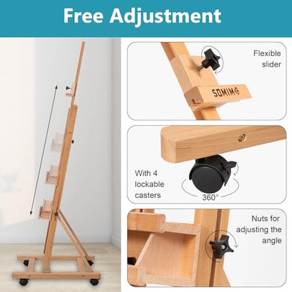 Beechwood H Frame Artist Studio Easel with Wheels and Storage Tray