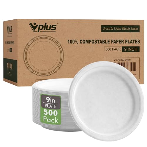 500 Pack Compostable Bagasse Paper Plates 9 inch (500 Count)