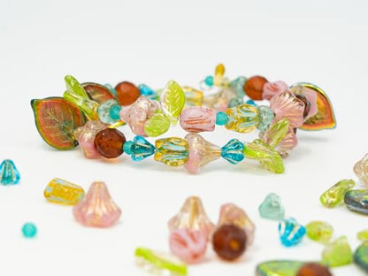 1.4oz (40g) Limited Mix of Czech Glass Beads, Hand Made Set Kit, Apple Leaf Beads Bell Flower Blue Beads and Pink Tulip Beads