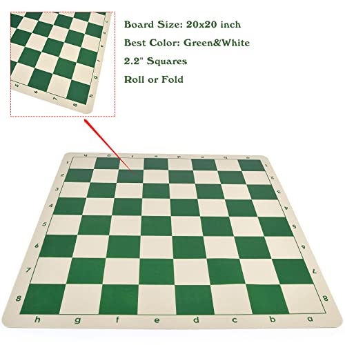 4" King Tournament Chess Set Foldable 20" Silicone Chess Board Mat with 2.2" Squares Green Color