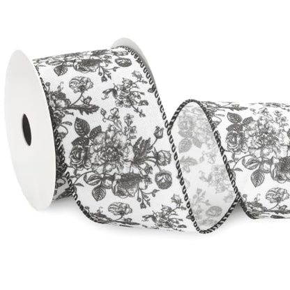 Floral Wired Edge Ribbon Black Vintage Flower Craft Ribbon Chinoiserie Decorative Fabric Ribbons for DIY Crafts Wreath Bow Making
