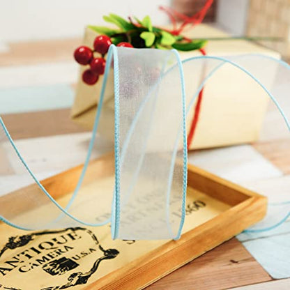 Sheer Organza Wired Ribbon 1.5" x 50Yards Blue for Wedding Chair Bow Flora Bouquet Gift Wrapping Christmas Tree Home Decor Wreath (150 Foot)
