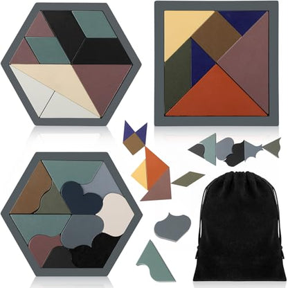 3 Pack Large Wooden Blocks Puzzles Hexagon Tangram Puzzle Wooden Russian Brain Puzzles for Adult Challenge Teasers Geometric Jigsaw Logic Iq STEM Educational Gift Graduation (3 Count)