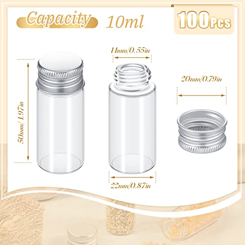 100 Pcs Small Clear Vials Spice Mini Jars with Lids Mini Glass Bottles with Screw Aluminum Metal Caps Tiny Jars Sample Containers for Powder Cream Cosmetic Jewelry Wedding