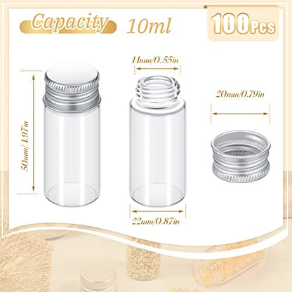 100 Pcs Small Clear Vials Spice Mini Jars with Lids Mini Glass Bottles with Screw Aluminum Metal Caps Tiny Jars Sample Containers for Powder Cream Cosmetic Jewelry Wedding