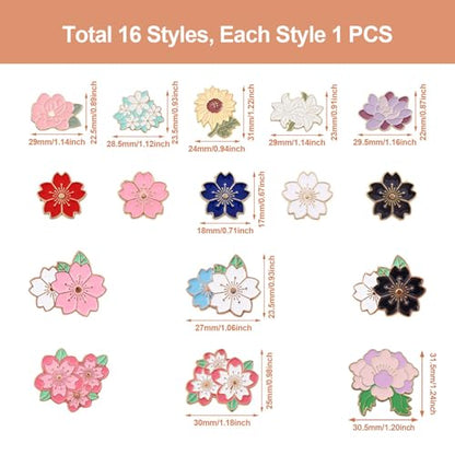 Beadthoven 16pcs Flower Enamel Pins Set Spring Cherry Blossom Metal Enamel Lapel Pin for Clothes Backpack Cute Tiny Sunflower Daisy Brooch Badge Pins Women Gifts Bakpack Bags Scarf Hats DIY Accessory (16 Count)