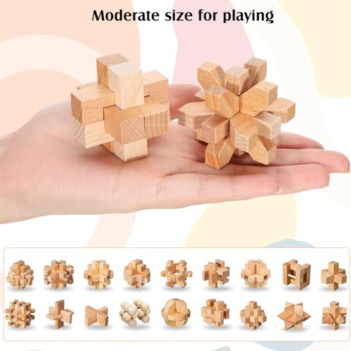 20 Pcs Wooden Brain Teaser Puzzles Small 3D Wooden Puzzles Wood Block Puzzle Logic Box Lock Mind IQ Test Removing Assembling for Adults (20 Count)