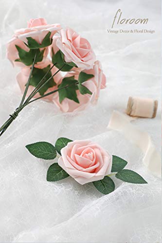 Artificial Flowers 25pcs Real Looking Blush Heirloom Foam Fake Roses with Stems for DIY Wedding Bouquets Pink Bridal Shower Centerpieces Floral Arrangements Party Tables Home Decorations (25 Count)