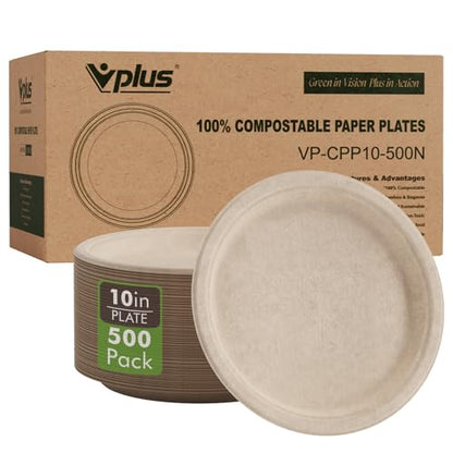 500 Pack Compostable Bagasse Paper Plates 10.25 inch (500 Count)