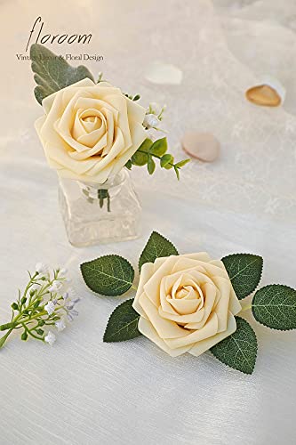 Artificial Flowers 50pcs Real Looking Creamy Yellow Foam Fake Roses with Stems for DIY Wedding Bouquets Bridal Shower Centerpieces Floral Arrangements Party Tables Home Decorations (50 Count)