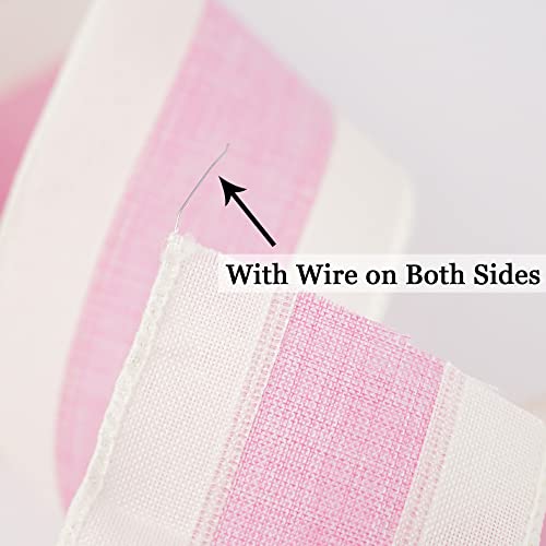 Pink White Stripe Wired Burlap Ribbon with Ivory Stripes Edge (30 Foot)