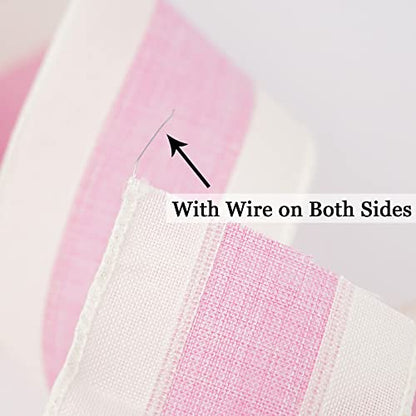 Pink White Stripe Wired Burlap Ribbon with Ivory Stripes Edge (30 Foot)