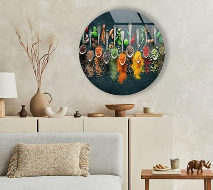 Round 31 5'' Spoon Spices Glass Wall ArtTempered Glass Printing Wall Decor Large Wall Art Wall Hangings