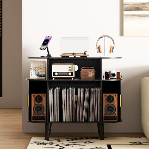 Large Round Record Player Stand with Charging Station & USB Ports