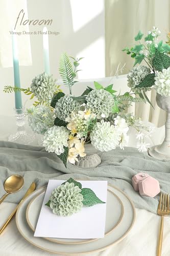 Artificial Dahlia Flowers 25pcs Real Looking Sage Green & Mint Green Foam Fake Roses with Stems for DIY Wedding Bouquets Bridal Shower Centerpieces Floral Arrangements Party Tables Decoration (25 Count)