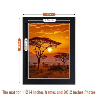 10 Pack Acid Free Black 11x14 Picture Frame Mats for 9x12