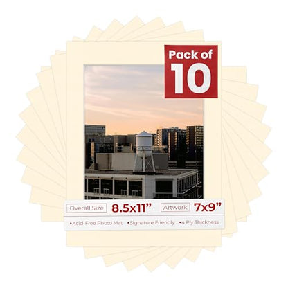 Pack of Ten 8.5x11 Mats Bevel Cut for 7x9 Photos (10 Count)