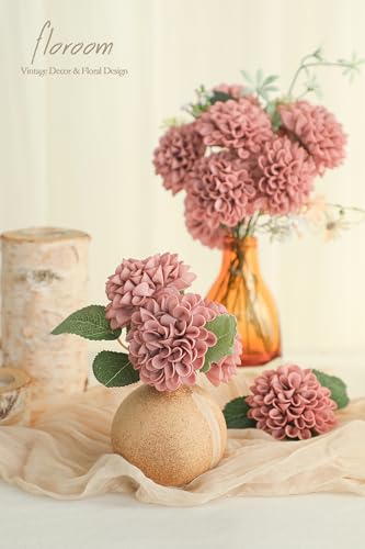 Artificial Dahlia Flowers 25pcs Real Looking Dusty Rose Foam Fake Roses with Stems for DIY Wedding Bouquets Bridal Shower Centerpieces Floral Arrangements Party Tables Home Decoration (25 Count)