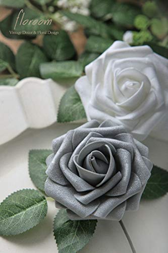 Artificial Flowers 50pcs Real Looking Shimmer Silver Grey Foam Fake Roses with Stems for DIY Christmas Tree Xmas Wedding Bouquets Party Tables Centerpieces Floral Arrangements Home Decor (50 Count)
