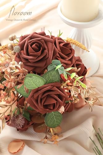 Artificial Flowers 25pcs Real Looking Terracotta Foam Fake Roses with Stems for DIY Wedding Bouquets Bridal Shower Centerpieces Floral Arrangements Party Tables Home Decorations (25 Count)