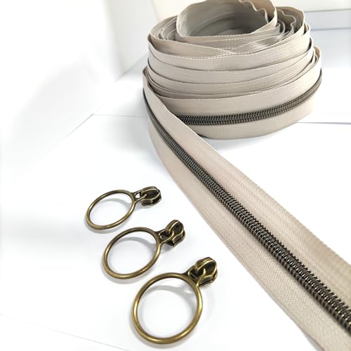 5 Antique Brass Metallic Nylon Coil Zippers by the Yard Bulk 10 Yards Beige Zipper Tape with 25pcs Antique Brass Ring Pull Sliders for DIY Sewing Tailor Craft Bag