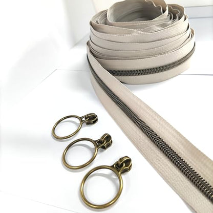 5 Antique Brass Metallic Nylon Coil Zippers by the Yard Bulk 10 Yards Beige Zipper Tape with 25pcs Antique Brass Ring Pull Sliders for DIY Sewing Tailor Craft Bag