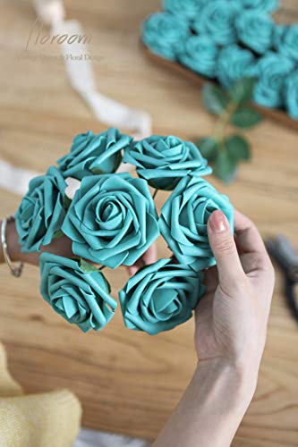 Artificial Flowers 50pcs Real Looking Teal Green Foam Fake Roses with Stems for DIY Wedding Bouquets Bridal Shower Centerpieces Floral Arrangements Party Tables Home Decorations (50 Count)