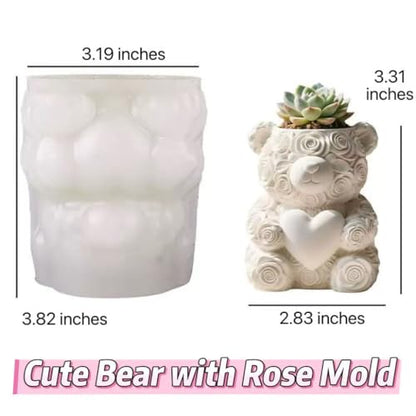 Animal Resin Molds Silicone 3D Cute Bear with Rose Epoxy Resin Jar Plaster Candle Holder Wax Molds for Candle Making