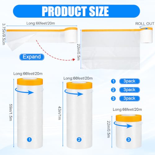 9 Roll Painters Plastic with Tape Pre Taped Masking Film for Painting Automotive Paint Adhesive Protective Film Masking Tape Roll Plastic Painting Covering