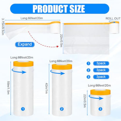 9 Roll Painters Plastic with Tape Pre Taped Masking Film for Painting Automotive Paint Adhesive Protective Film Masking Tape Roll Plastic Painting Covering