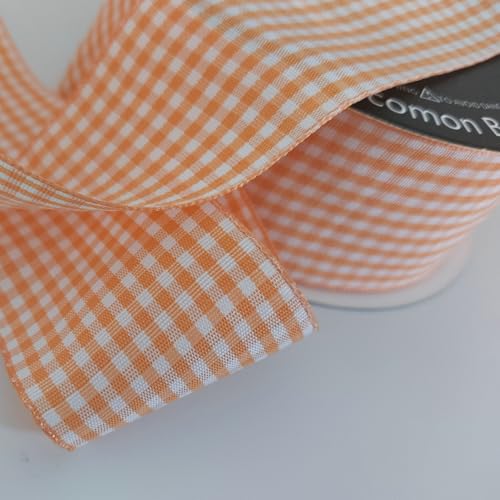 1.5 Inch Orange and White Woven Edge Plaid Chekered Ribbon 100% Polyester Gingham Ribbon 25 Yards Each Roll for Halloween Thanks