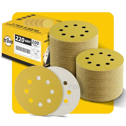 100PCS 5 Inch 220 Grit 125mm 8 Hole Sanding Discs Sandpaper (100 Count)